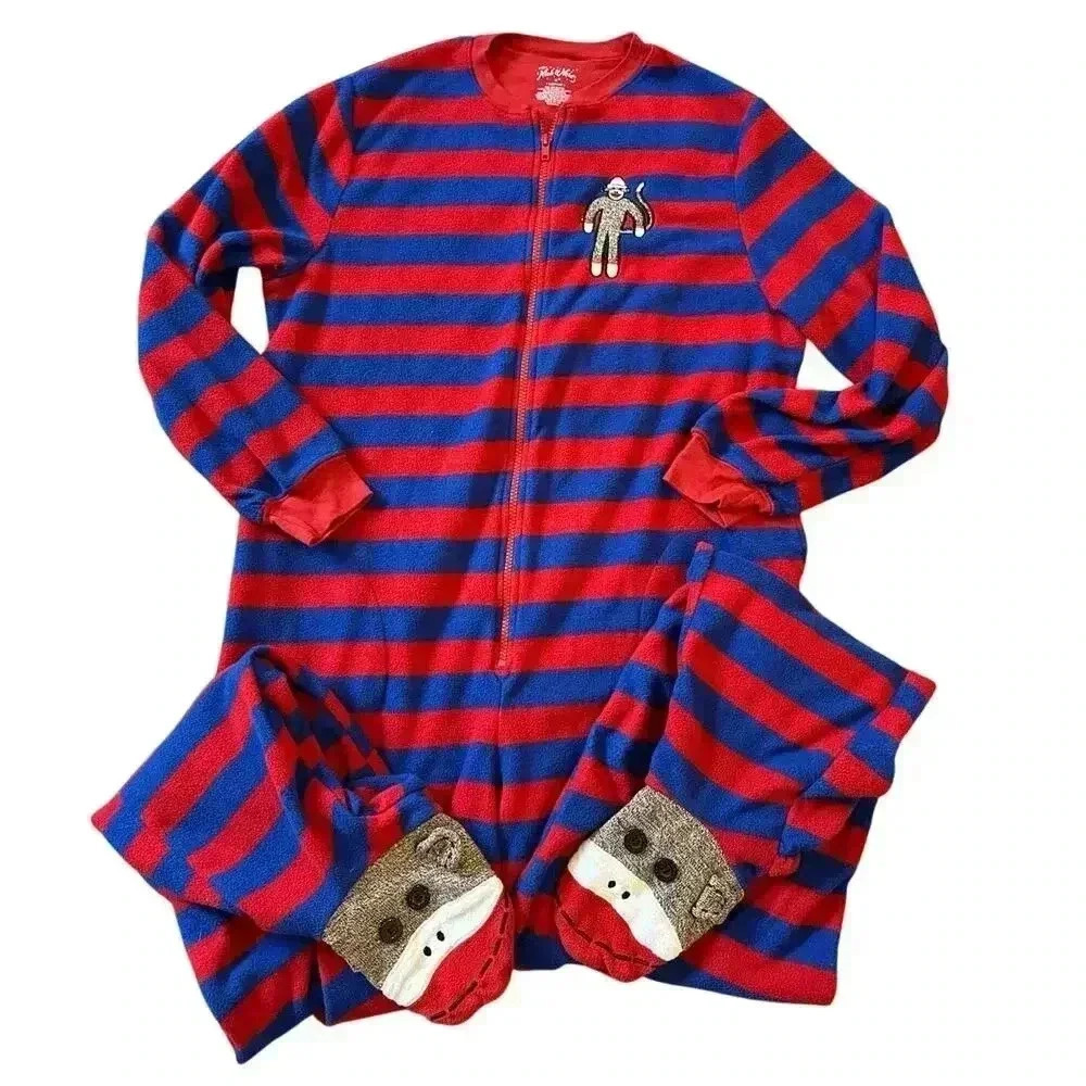 Nick & Nora Blue Red Stripe One Piece Sock Monkey Footie Pajamas Size Medium